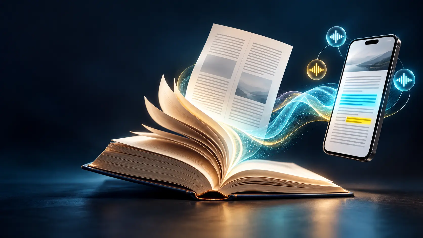 An open book transforms into a document, a highlighted phone reader and flowing sound.