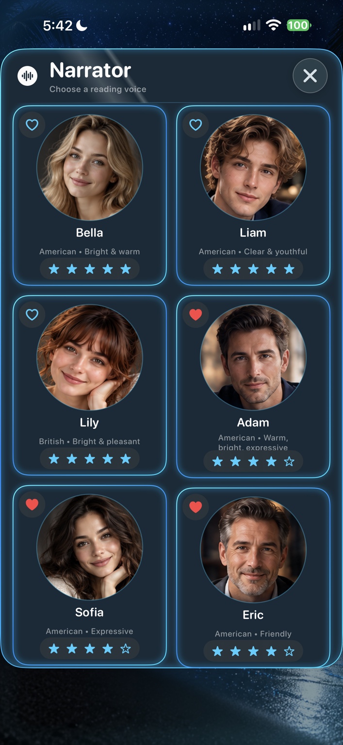 Actual NovaReader voice selection showing Bella and Liam