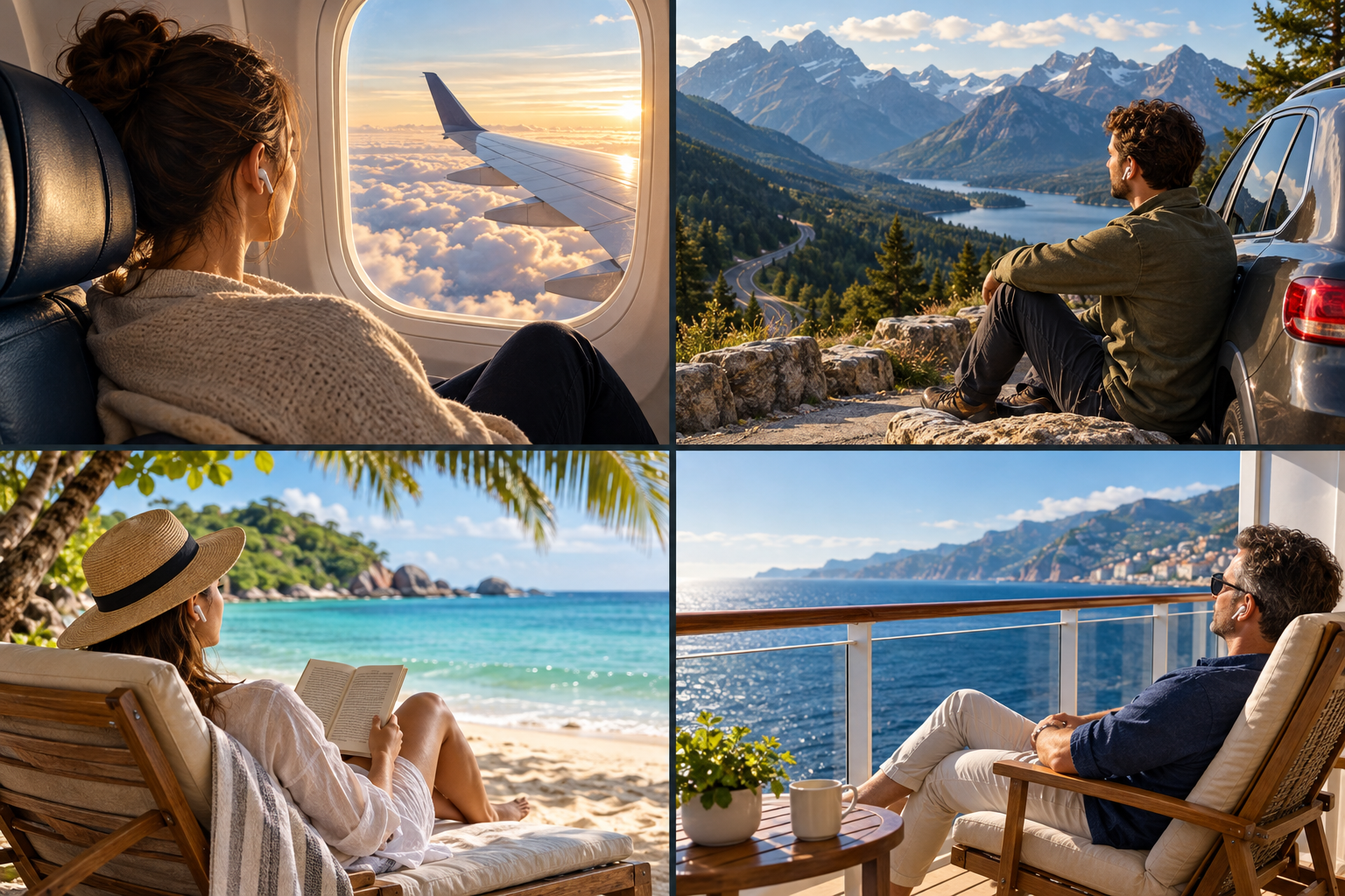Illustrative travel scene: a passenger with earbuds beside an airplane window above sunlit clouds