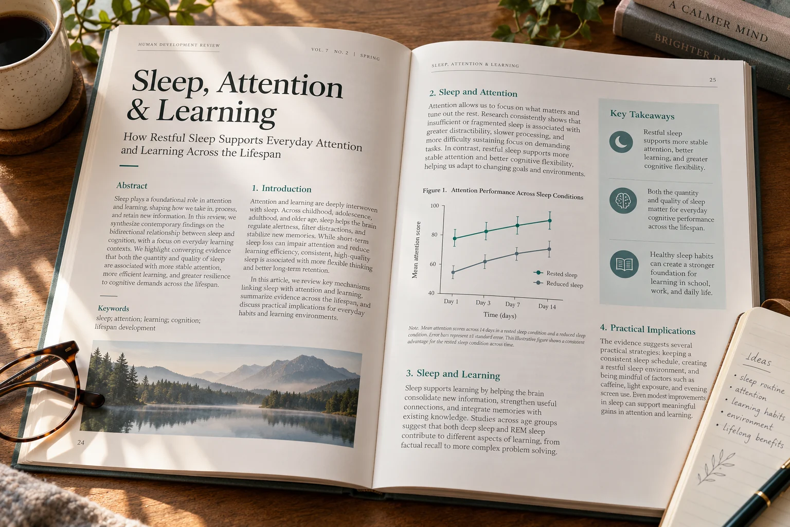 Original illustrative journal spread about sleep, attention and learning on a desk with glasses and a notebook.