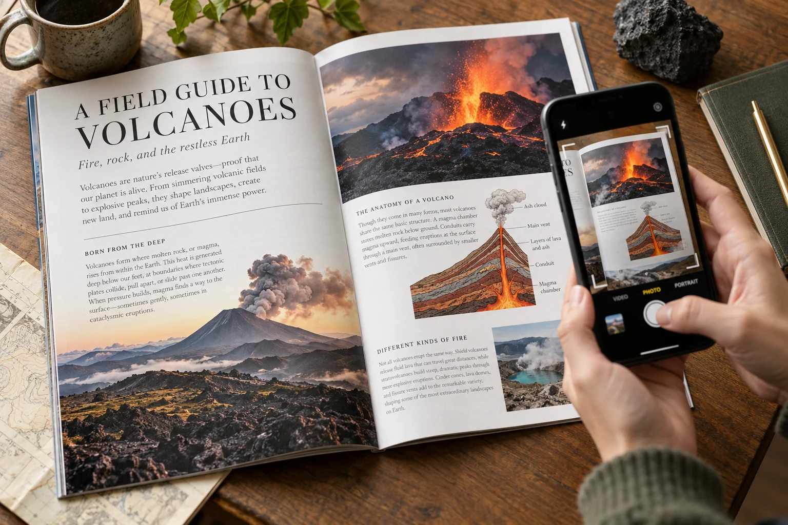 Hands photographing an original volcano magazine article with a phone, illustrating document capture.
